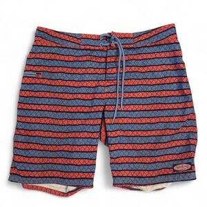 Vineyard Vines Angler Sz 34 Striped Board Shorts Coral Blue Fish Scales Unlined